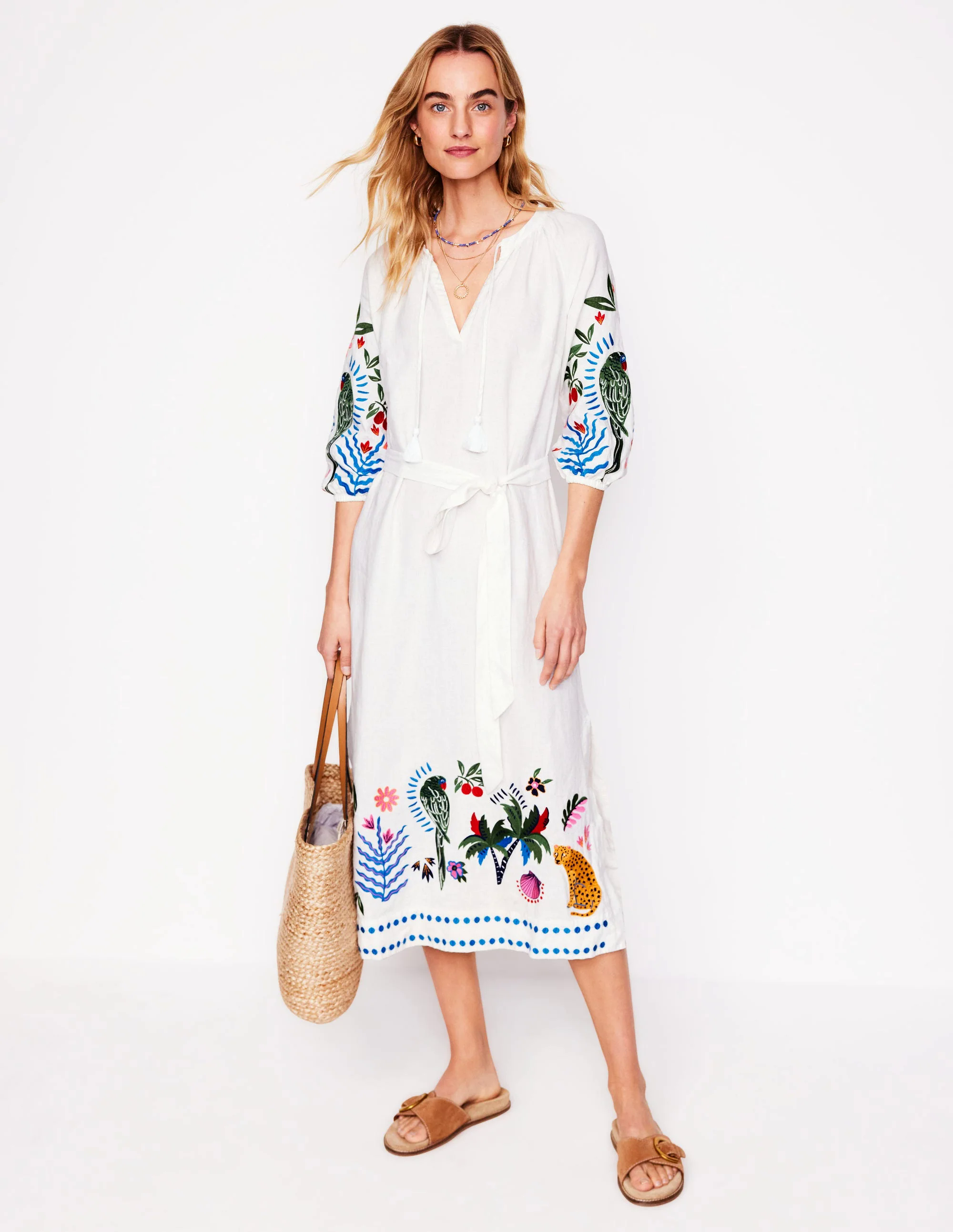 Embroidered Linen Tassel Dress-Ivory