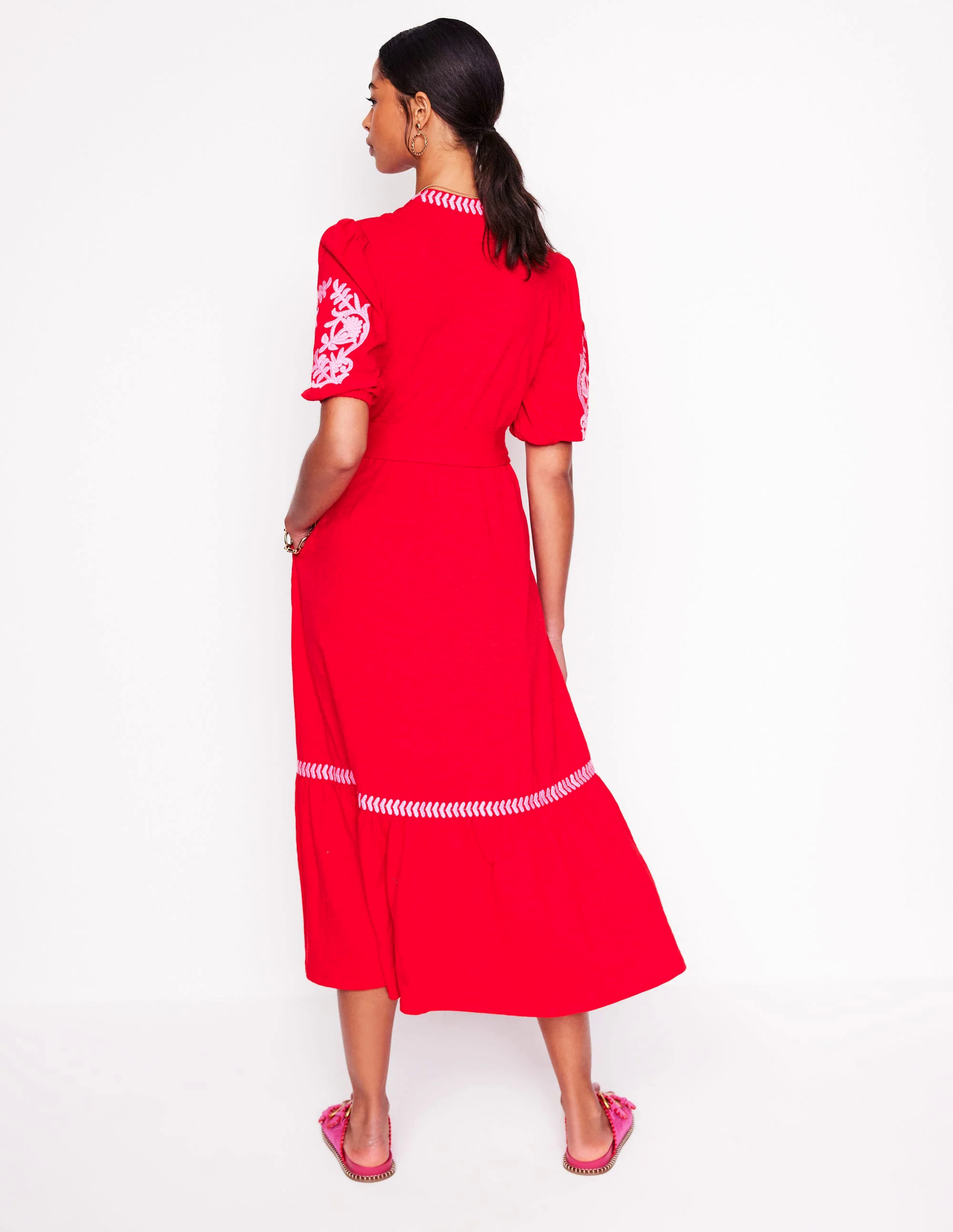 Amara Embroidered Jersey Dress-Poppy Red, Pink Peony