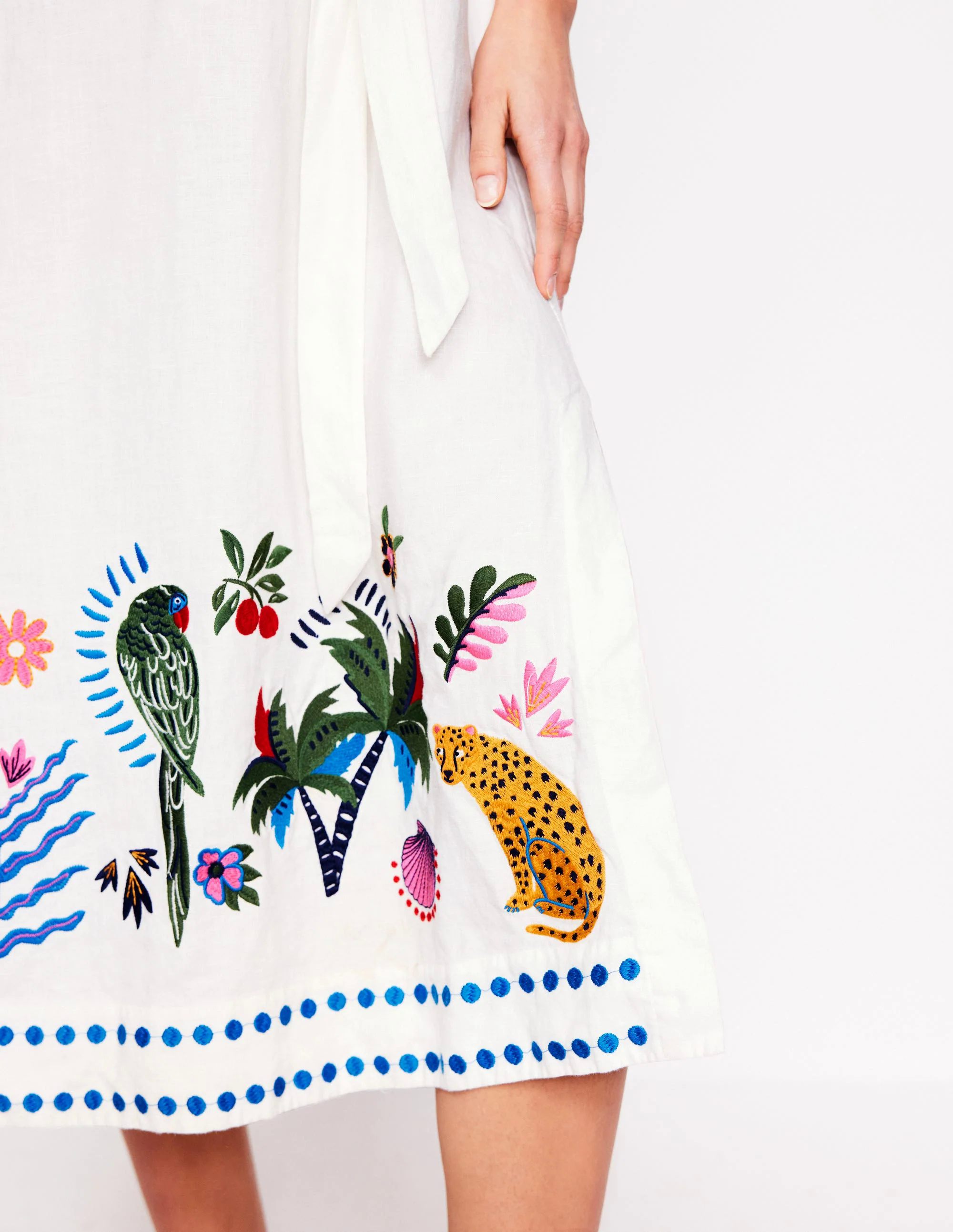 Embroidered Linen Tassel Dress-Ivory