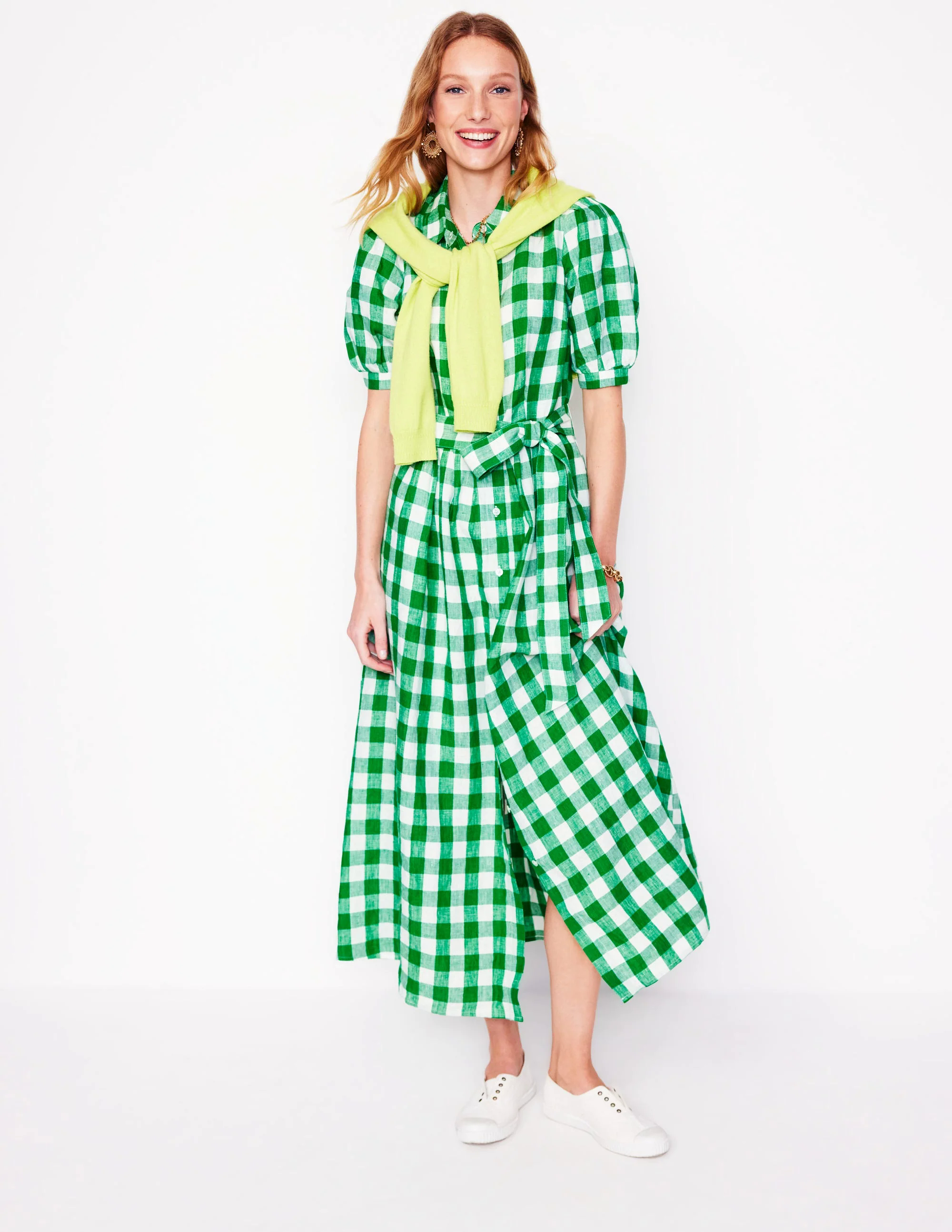 Alexa Linen Maxi Shirt Dress-Rich Emerald Gingham