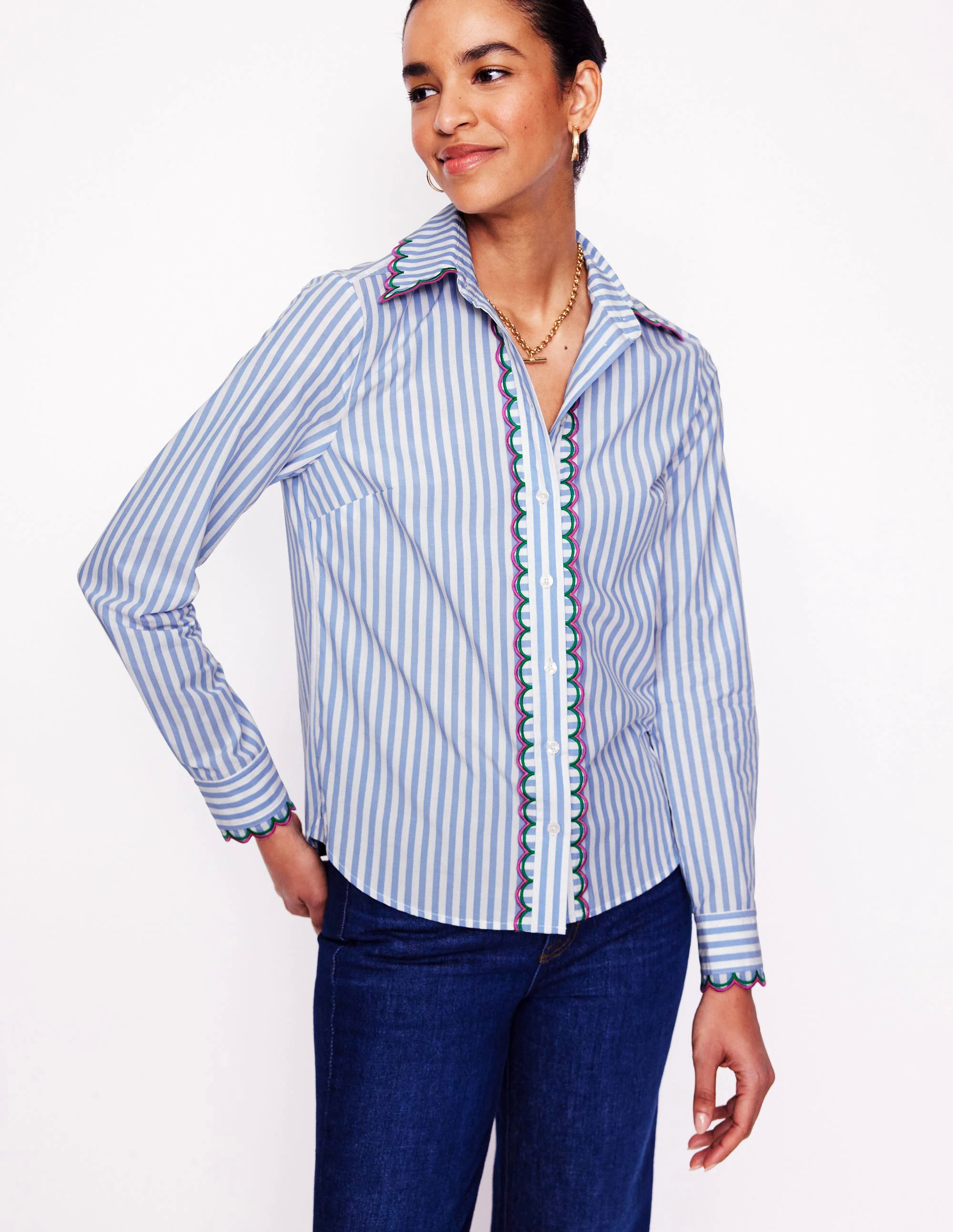 Sienna Interest Cotton Shirt-Multi, Blue and Ivory Stripe