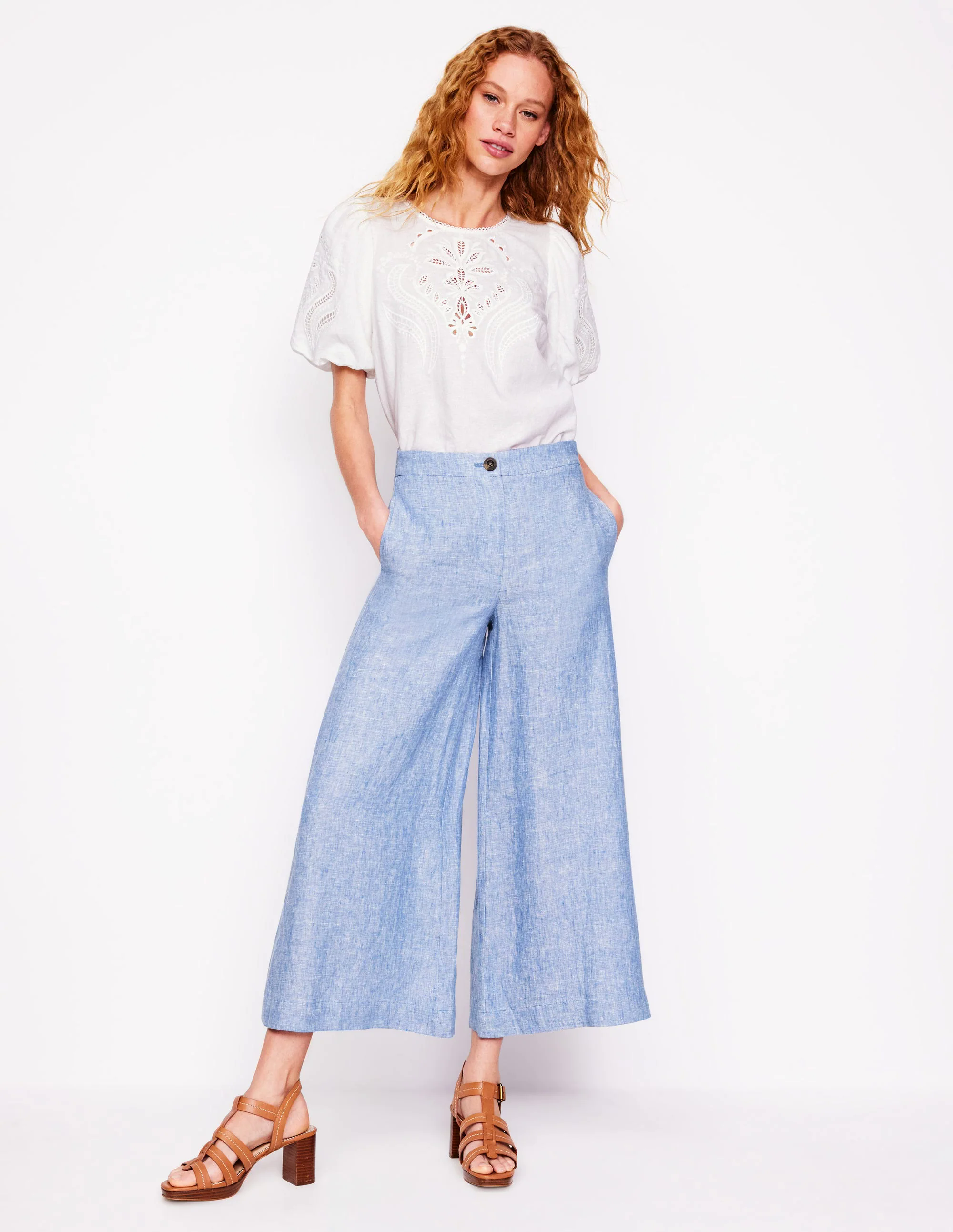 Wide Crop Linen Pants-Grey Blue Chambray