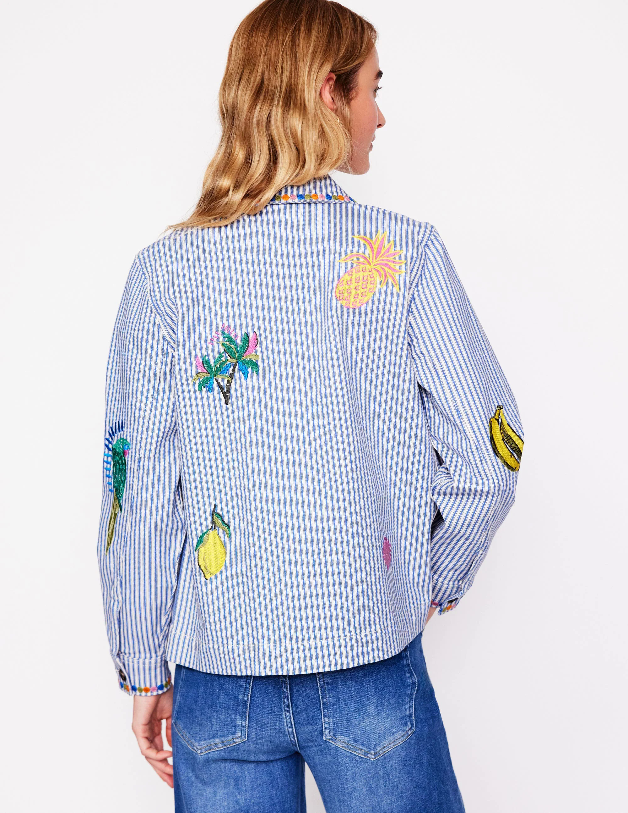 Embroidered Utility Jacket-Forget me not Blue Fine Stripe