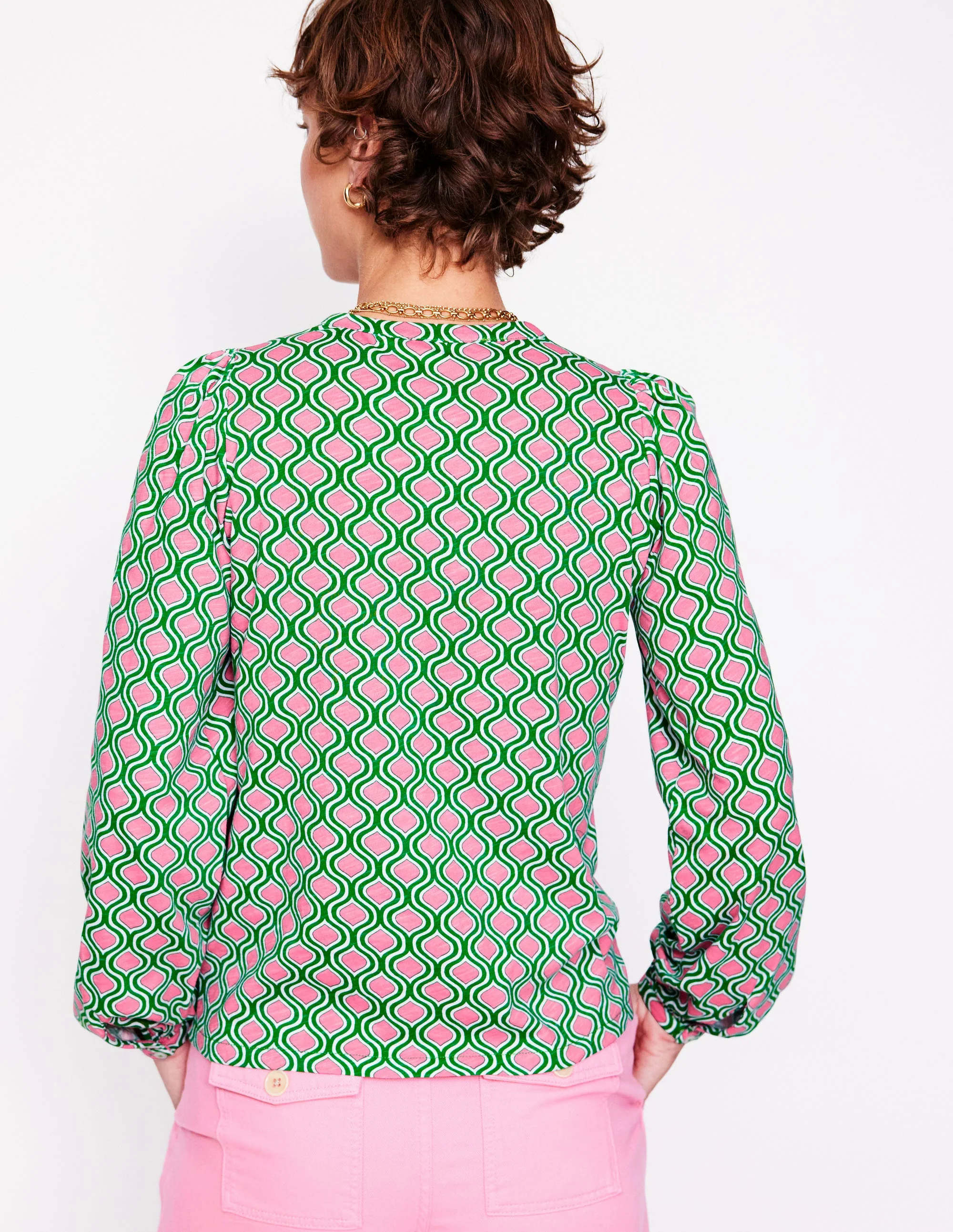 Marina Jersey Shirt-Rich Emerald, Geo Trellis