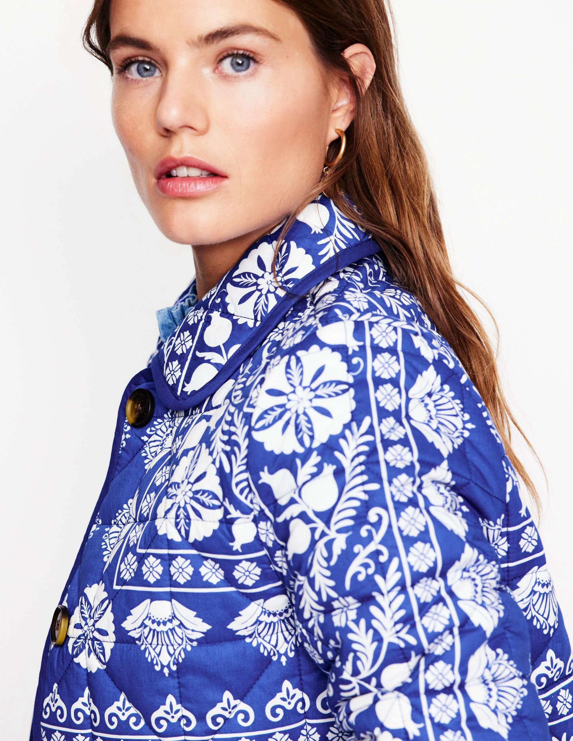 Soft Quilted Coat-Bright Blue, Ornate Border