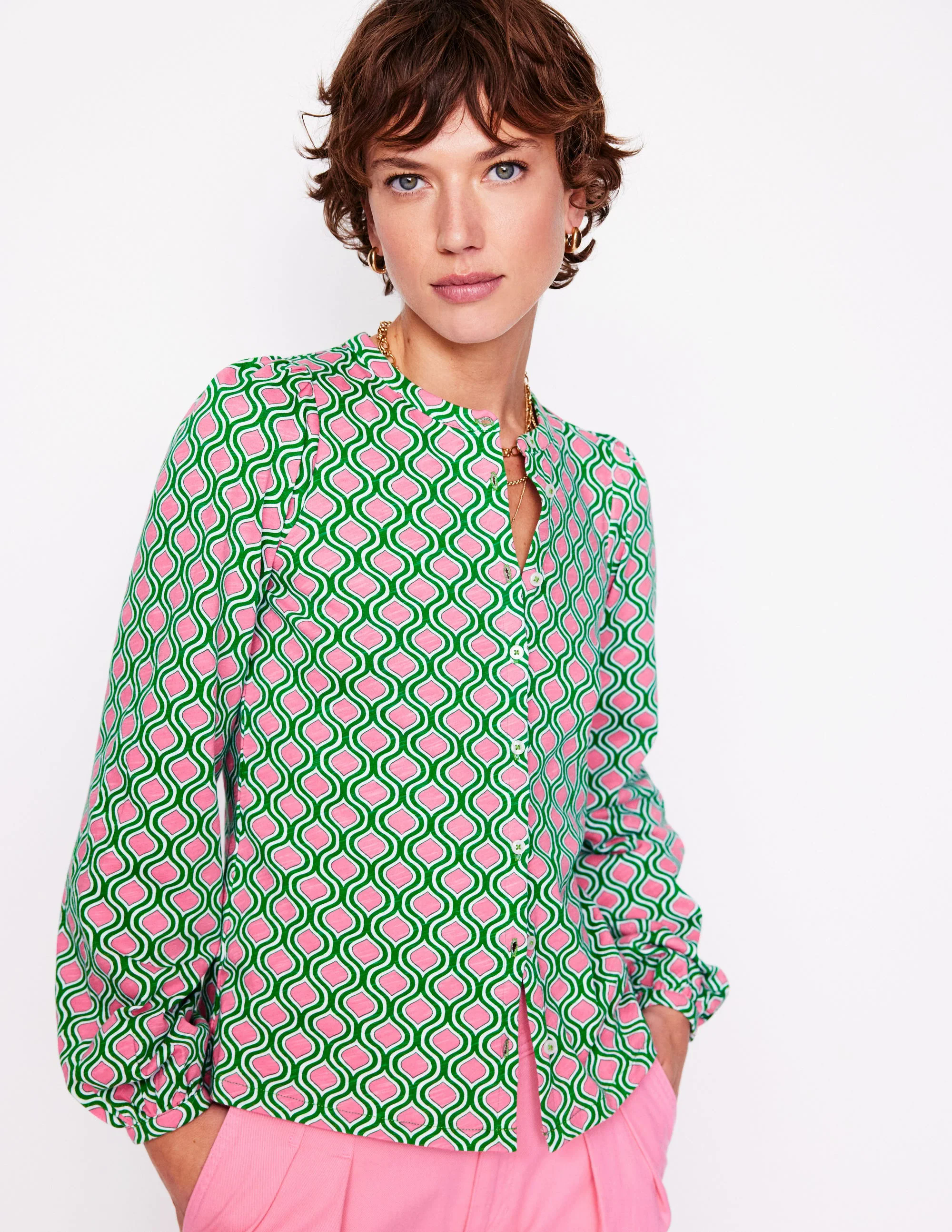 Marina Jersey Shirt-Rich Emerald, Geo Trellis