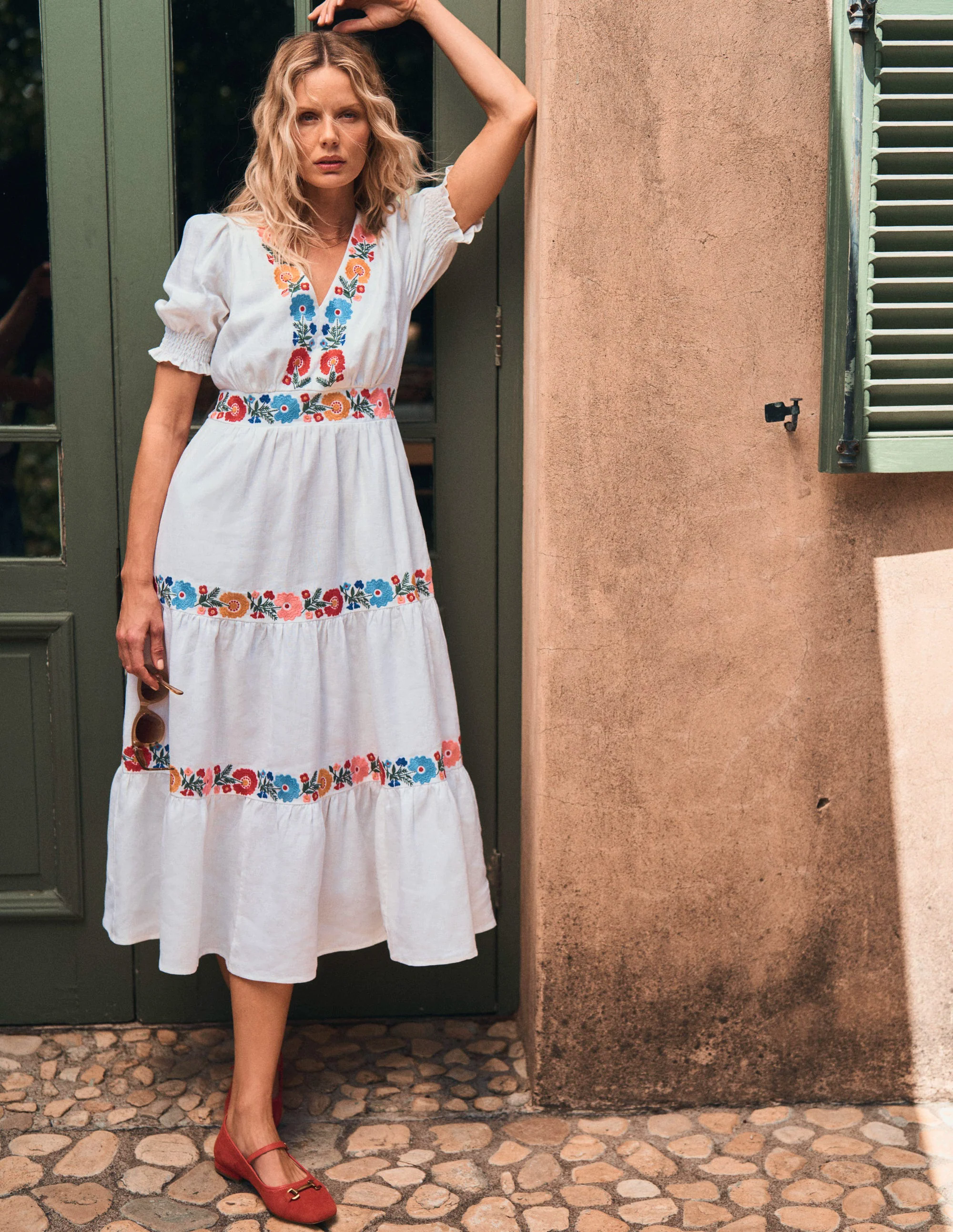 Anna Linen Tiered Midi Dress-White, Multi Embroidery