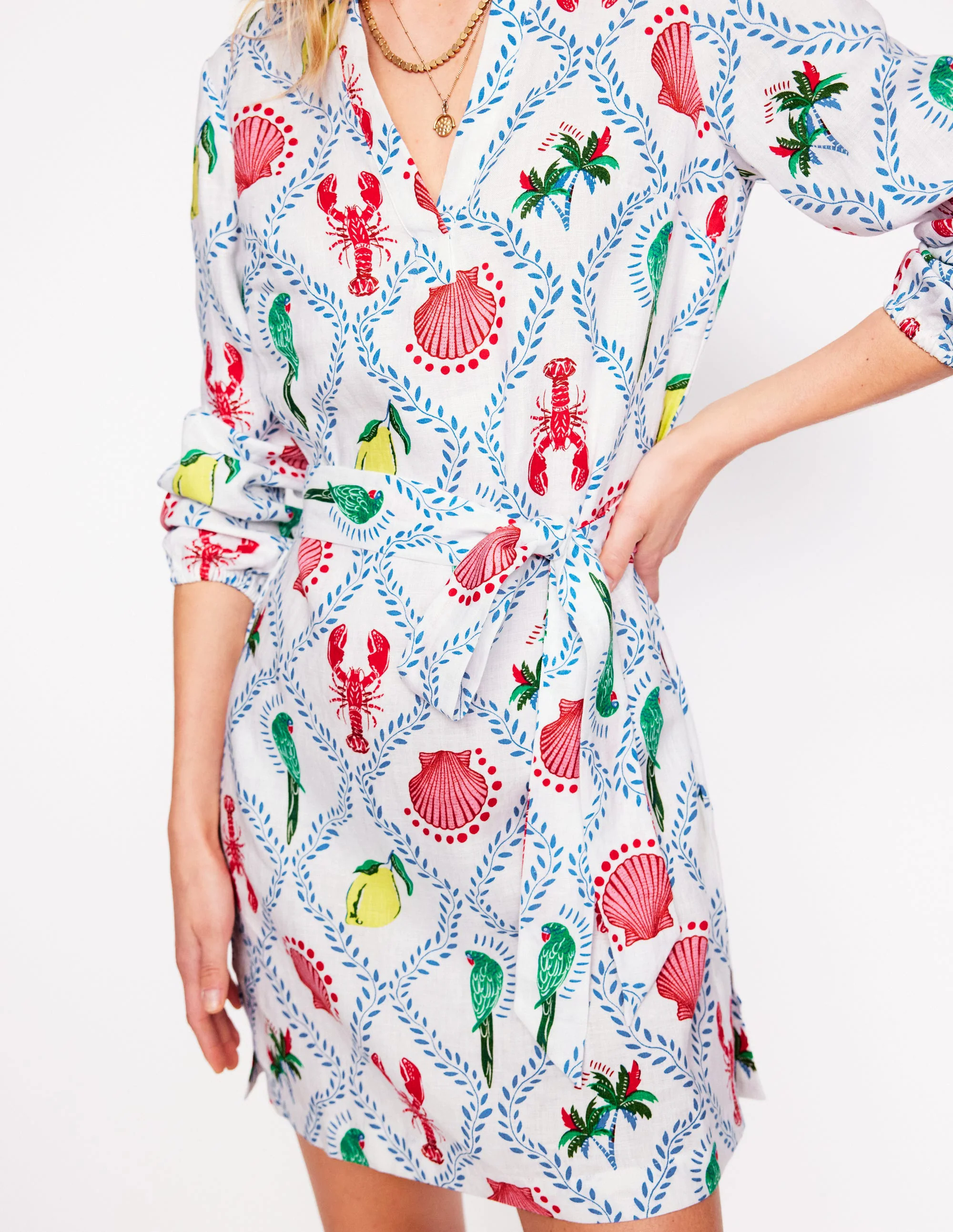 Cleo Linen Tie Waist Dress-Ivory, Tropical Bonanza Vine