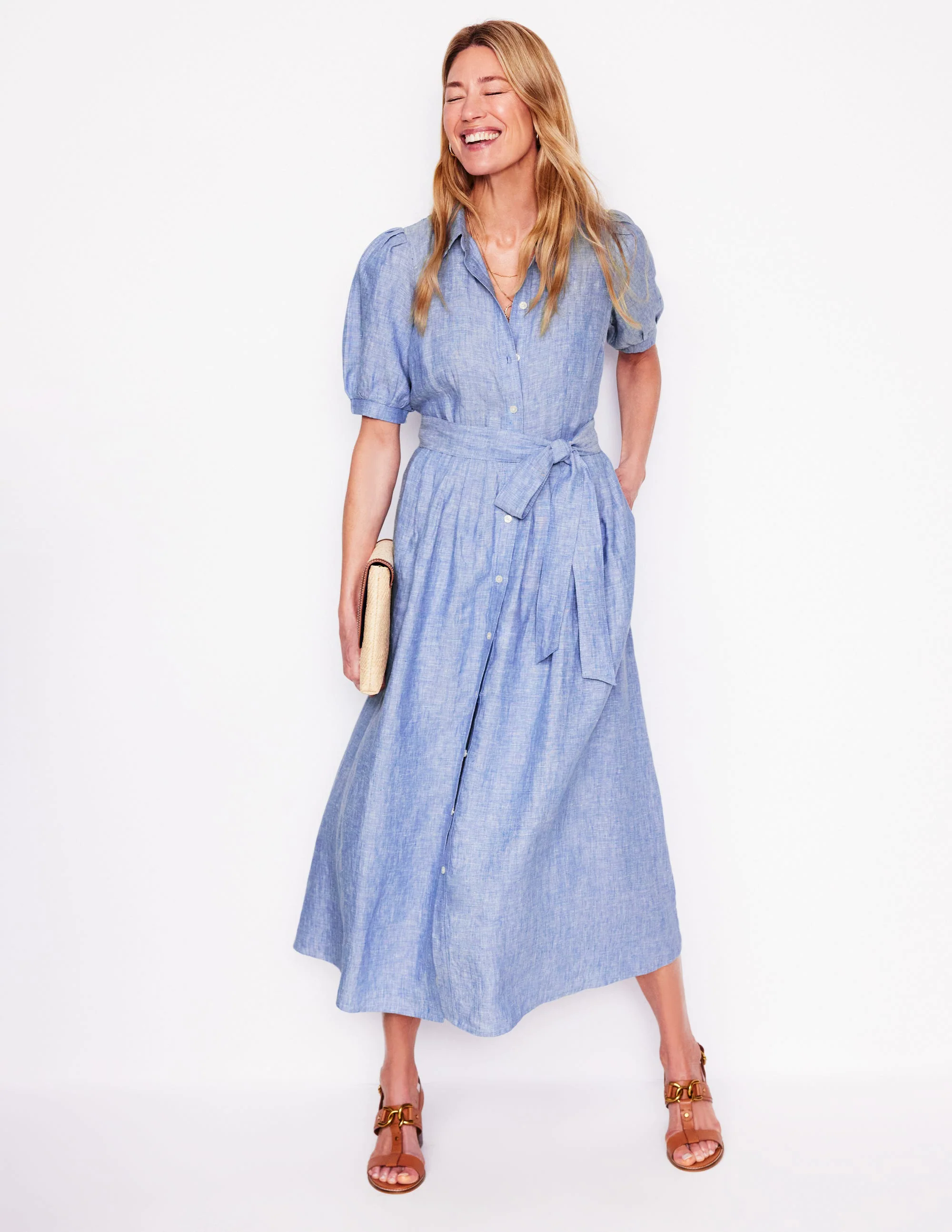 Alexa Linen Maxi Shirt Dress-Grey Blue Chambray