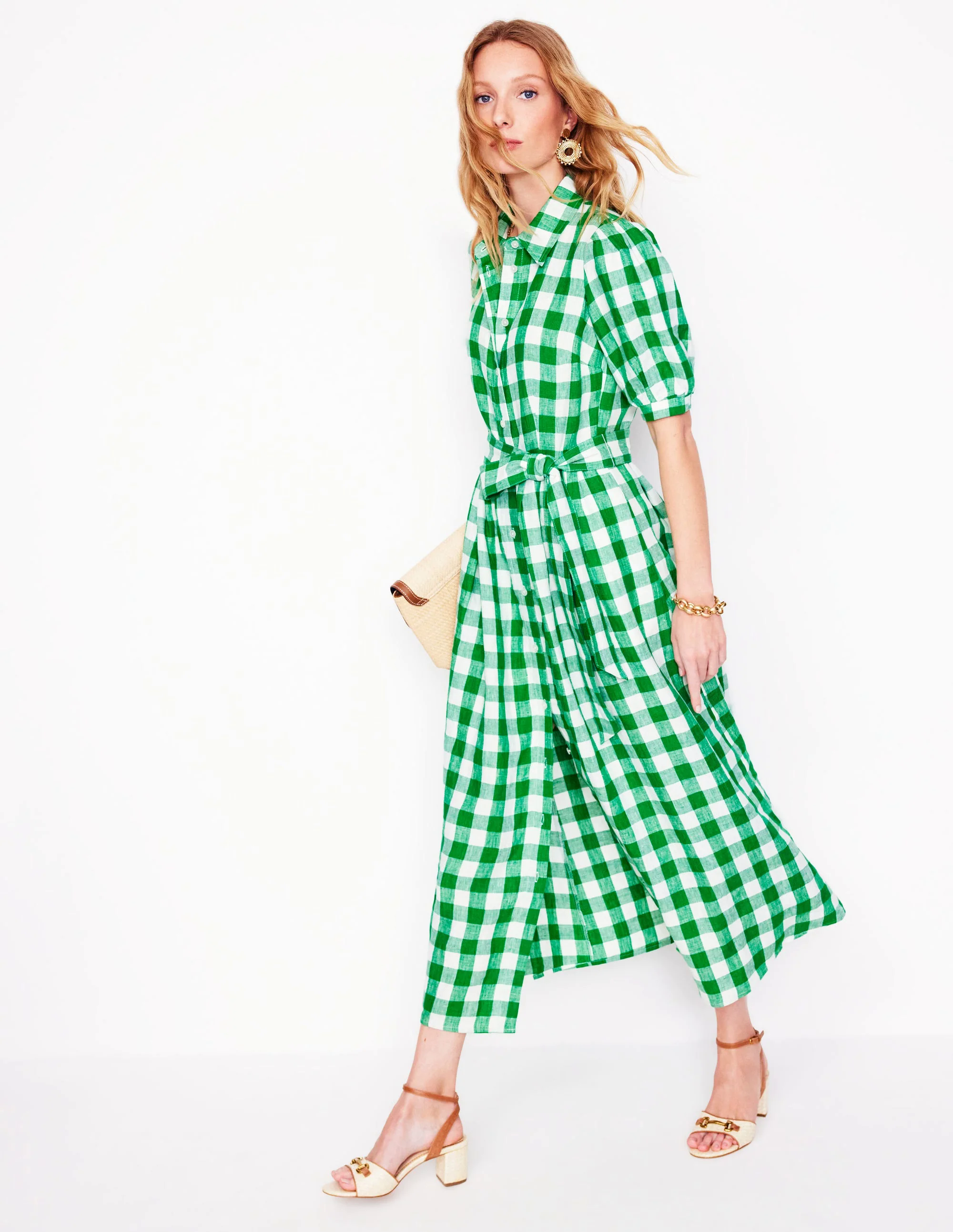 Alexa Linen Maxi Shirt Dress-Rich Emerald Gingham