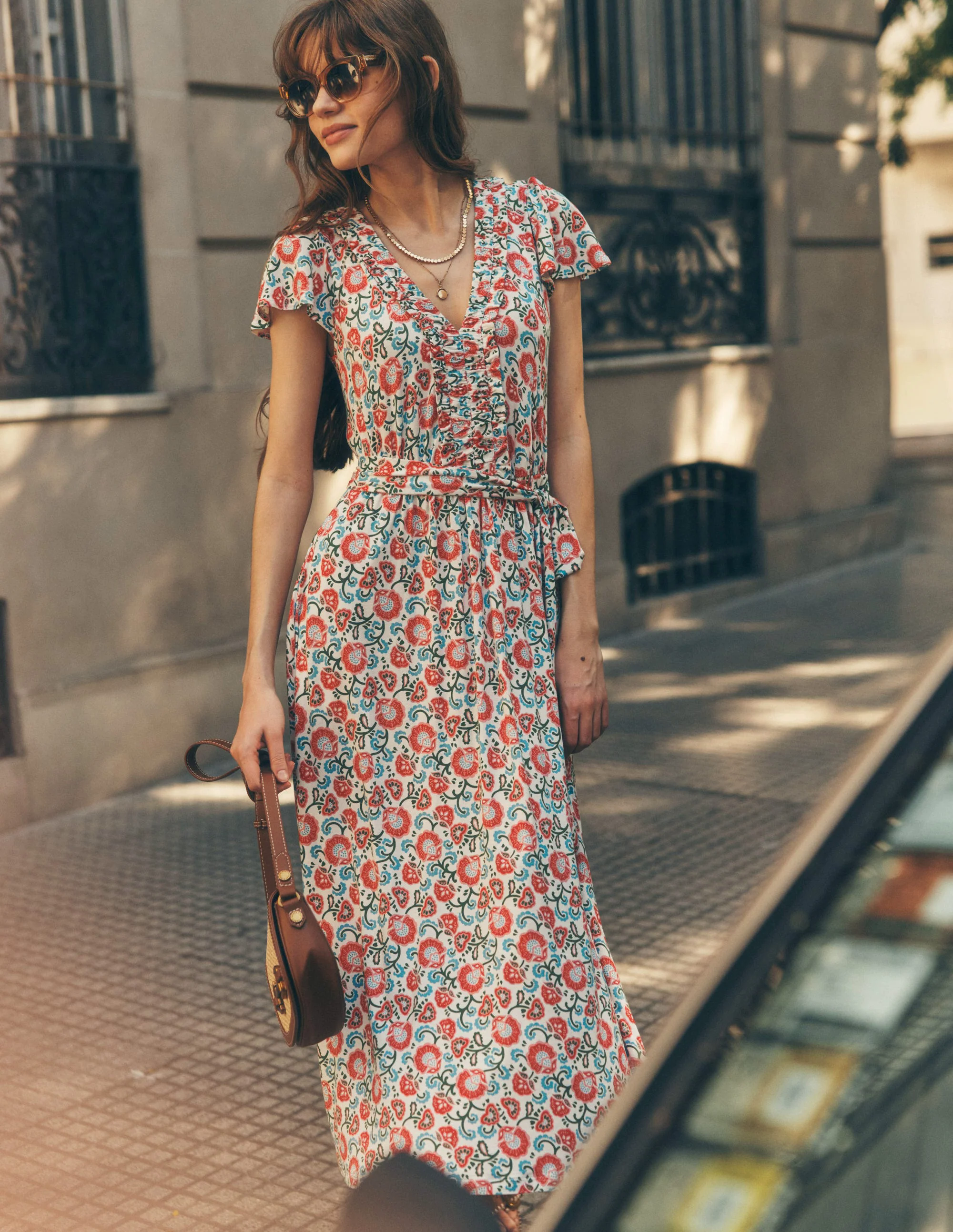 Nicola Jersey Tea Dress-Ivory, Garden Vine