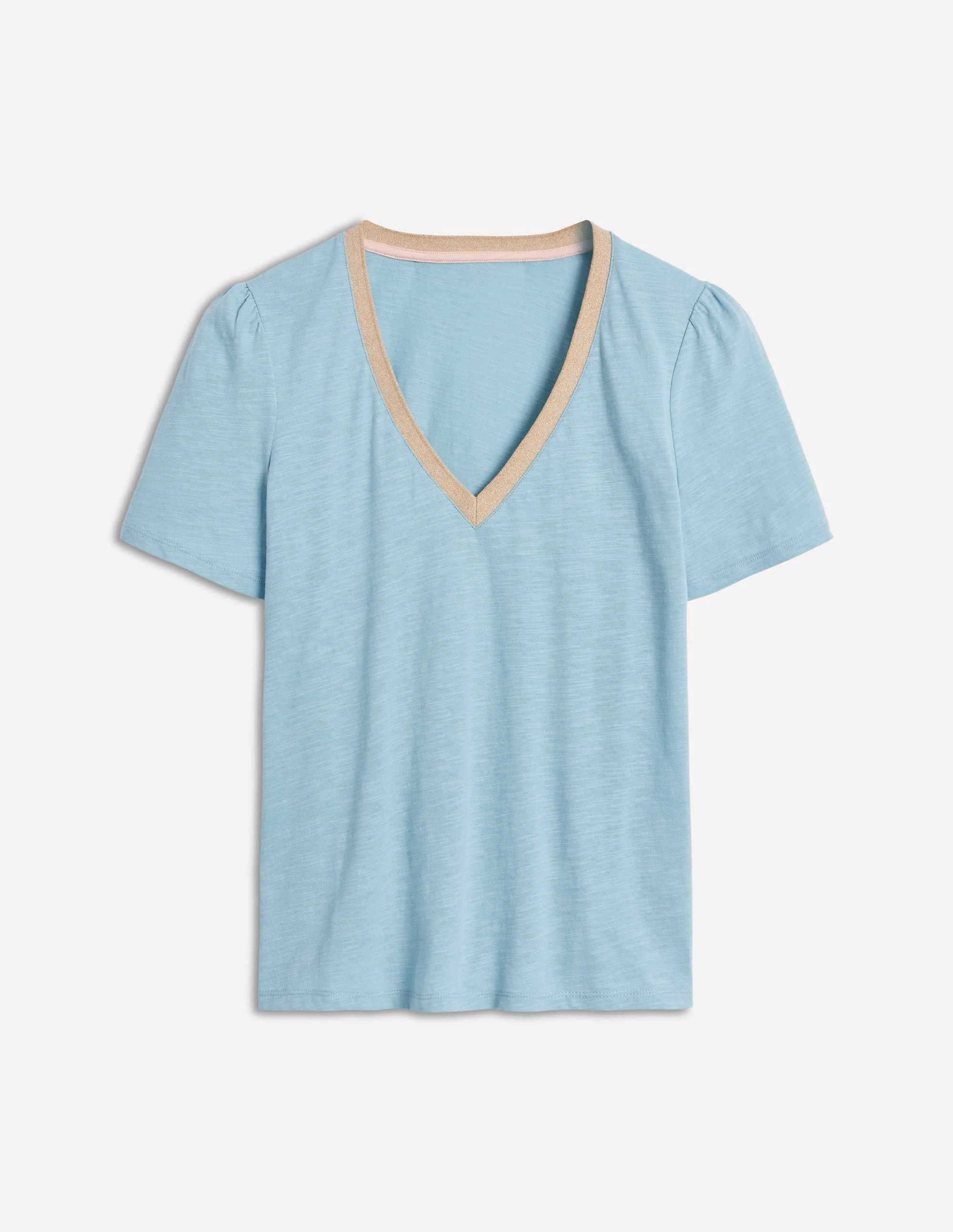 Metallic Trim V Neck T-shirt-Soft Blue