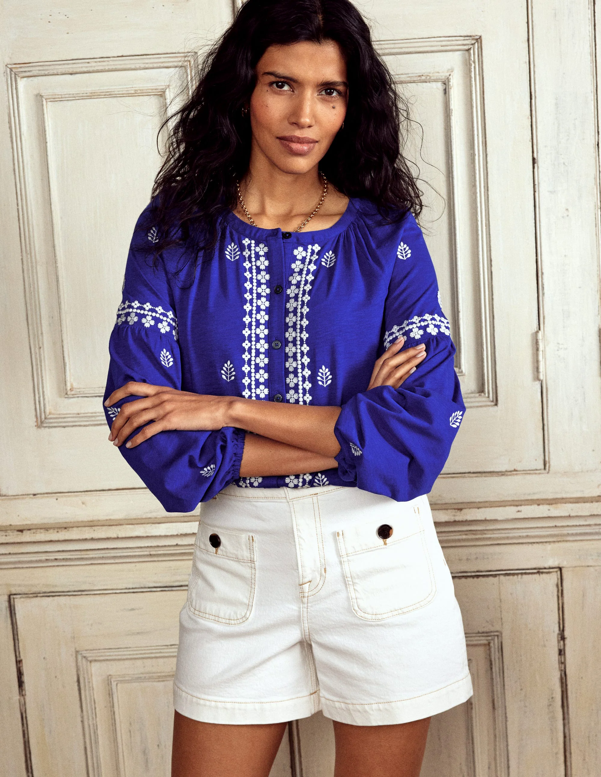 Embroidered Seam Sleeve Shirt-Bright Blue