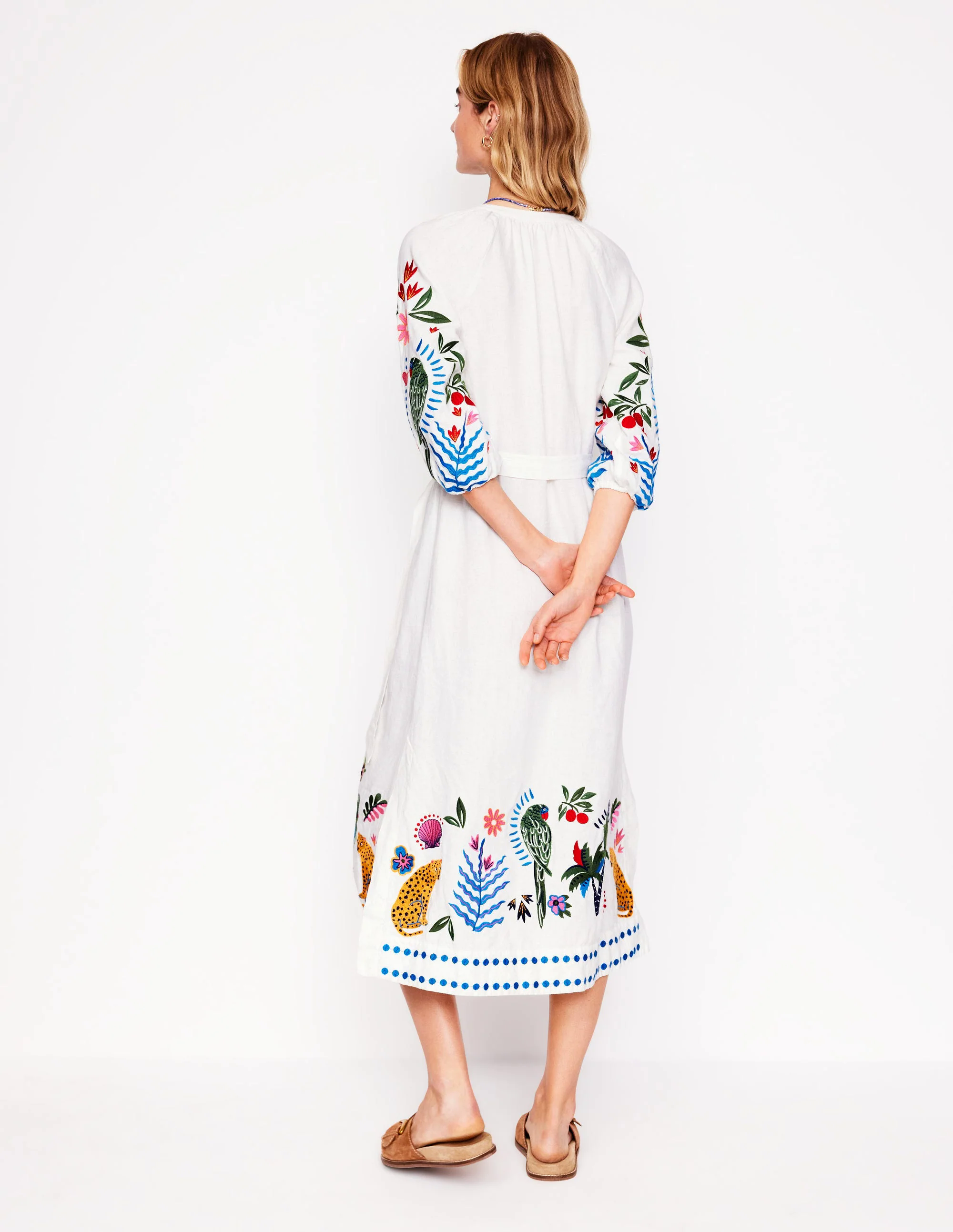 Embroidered Linen Tassel Dress-Ivory