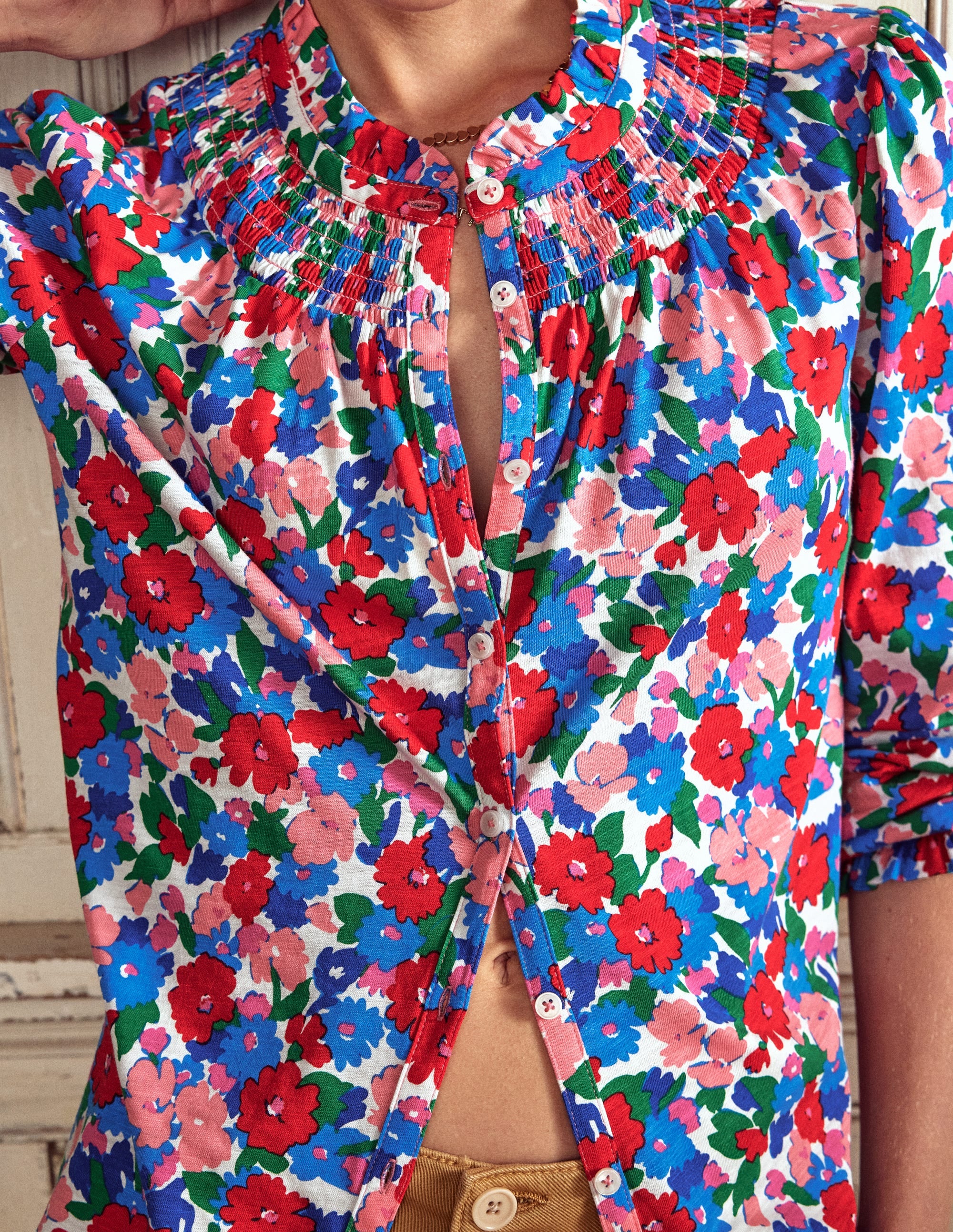 Fay Smocked Jersey Shirt-Multi, Painterly Meadow