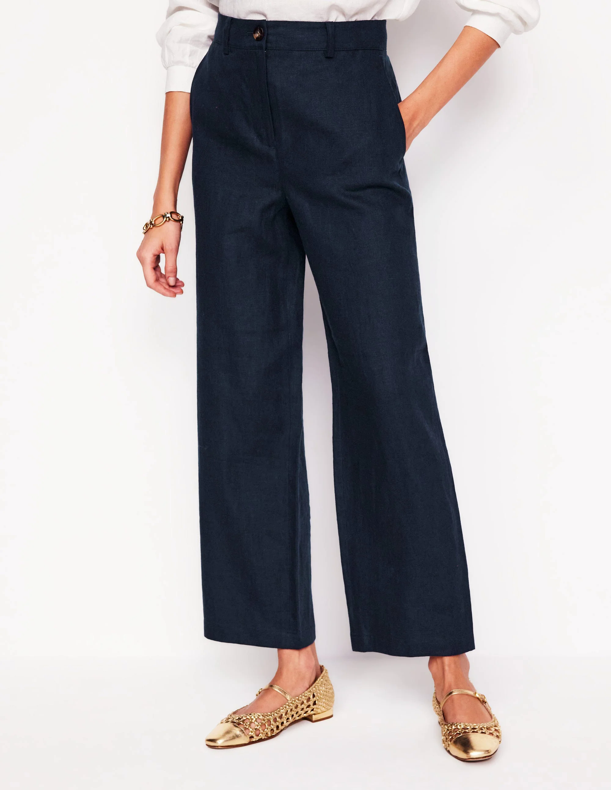 Westbourne Crop Linen Pants-Navy